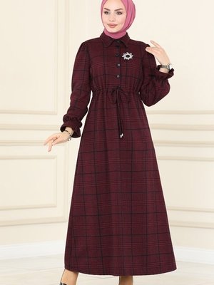 Bordo Yarım Düğmeli Kışlık Elbise Bordo Yarım Düğmeli Kışlık Elbise