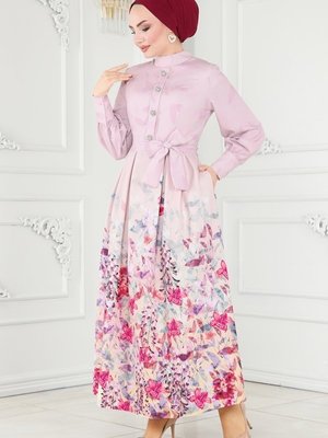 Pudra Aksesuar Düğmeli Atlas Elbise