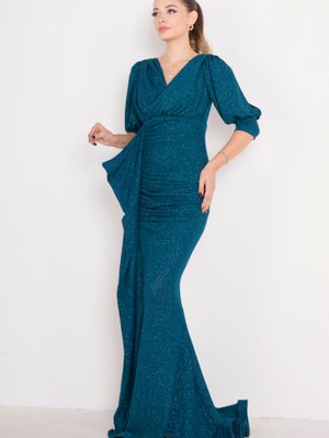 Zumrut Yarım Kol Kruvaze Yakalı Simli Abiye Elbise