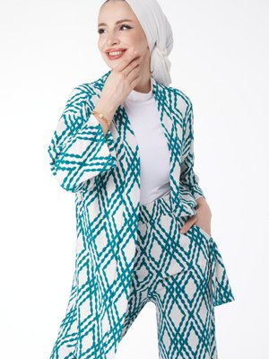 Düz Ceket Yaka Yesil Desenli İkili Takım