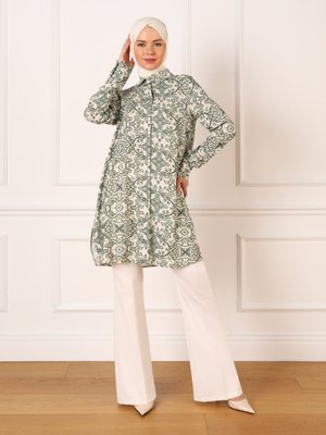Yeşil Etnik Desenli Viskon Gömlek Tunik