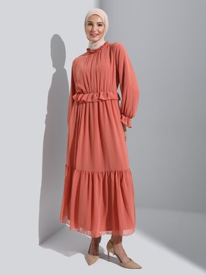 Somon Astarlı Şifon Şık Elbise