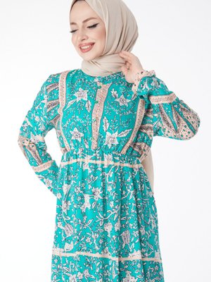 Düz Hakim Yaka Mint Beli Lastikli Desenli Elbise Düz Hakim Yaka Mint Beli Lastikli Desenli Elbise
