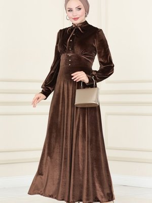 Koyu Vizyon Yakası Bağcıklı Kadife Elbise