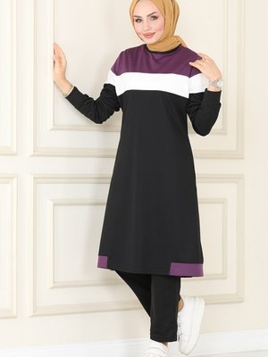 Mor & Siyah Renk Şeritli İkili Takım Mor & Siyah Renk Şeritli İkili Takım