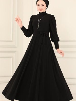 Siyah Balon Kollu Sandy Elbise