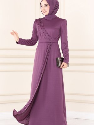 Lila İnci İşlemeli Elbise