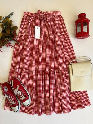 Kırmızı Beyaz Pötikare Kat Kat Etek