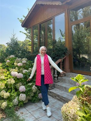 Fuşya Despina Kapitone Fermuarlı Çıtçıtlı Kolsuz Yelek