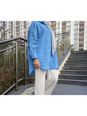 Katkısız Saf Keten Kadın Tesettür Gömlek Mavi