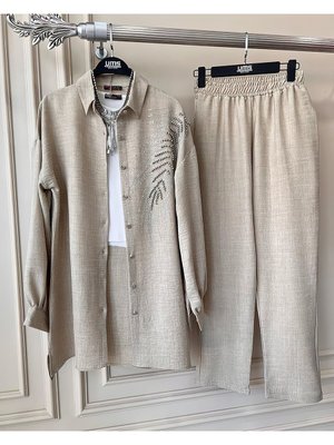 Yaprak Taş Işlemeli Keten İkili Takım