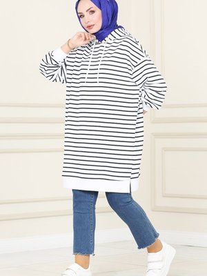 Ekru Çizgili Oversize Sweatshirt Ekru Çizgili Oversize Sweatshirt