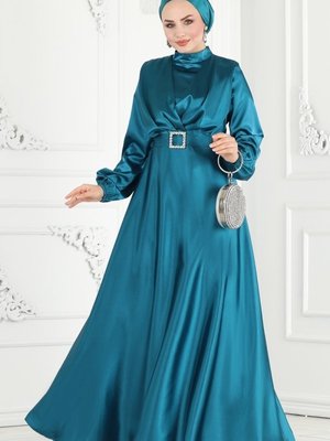 Petrol Kemerli Saten Abiye Elbise