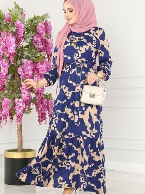 Lacivert Desenli Kemerli Helen Elbise