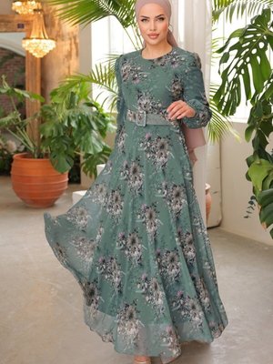 Mint Desenli Kemerli Şifon Elbise