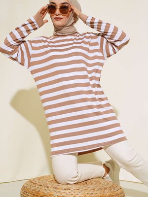 Moda Neva Terletmeyen Ince Kumaş Yazlık Kalın Çizgili Bej Tunik