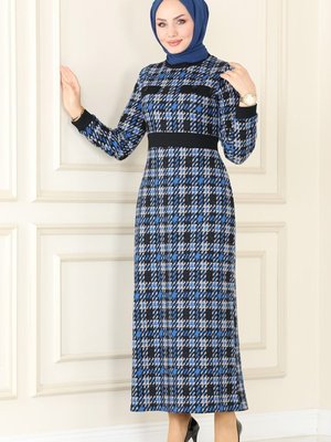 Açık İndigo Cep Aksesuarlı Kışlık Elbise