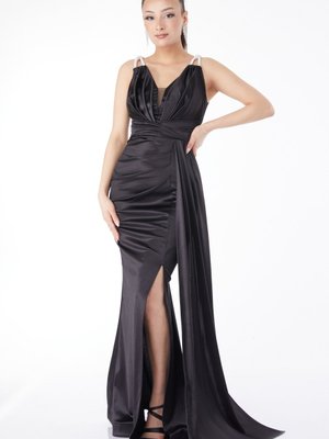 Sıyah Taş Askılı Drape Abiye Elbise