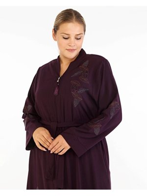 Mürdüm Yaprak Desenli Taşlı Nakışlı Abaya
