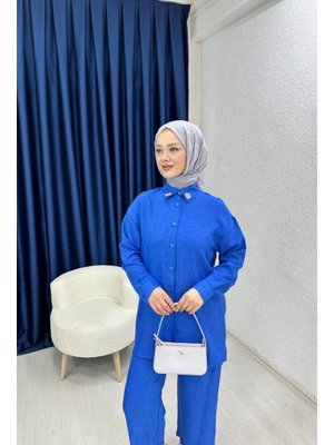 Mavi Yakası Taş Detaylı Keten İkili Takım