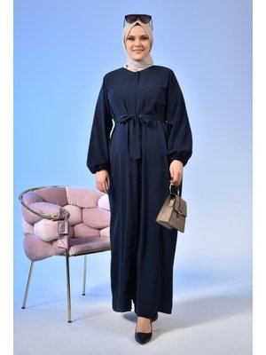Lacivert Kadin Buyuk Beden Tesettur Fermuarlı Yandan Baglamalı Kusaklı Elbise Oversize
