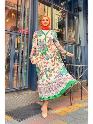Yeşil New Alaçatı Desenli Elbise