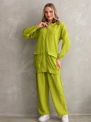 Yeşil Yazlık Trenç Pantolon Alt Üst İkili Keten Takım Yeşil Yazlık Trenç Pantolon Alt Üst İkili Keten Takım