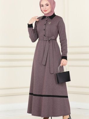 Gül Kurusu Biye Detaylı Kışlık Elbise