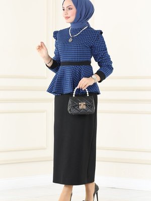 Saks & Siyah Kazayağı Desenli Etekli Takım Saks & Siyah Kazayağı Desenli Etekli Takım