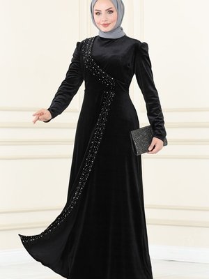 Siyah İnci İşlemeli Kadife Abiye