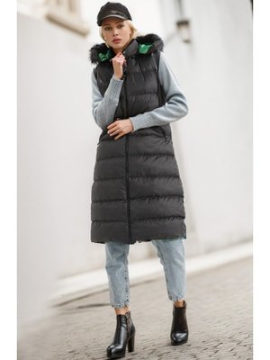 Fermuarlı Uzun Şişme Yelek Siyah Yeşil