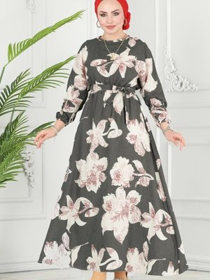 Antrasit Çiçek Desenli Keten Elbise Antrasit Çiçek Desenli Keten Elbise