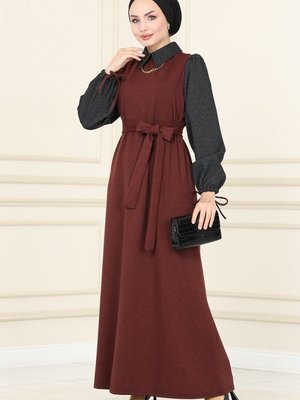 Tarçın & Antrasit Yakalı Kışlık Gömlek Elbise