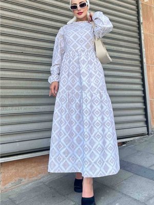 Bohem Desen Baskılı Elbise Bej Bohem Desen Baskılı Elbise Bej