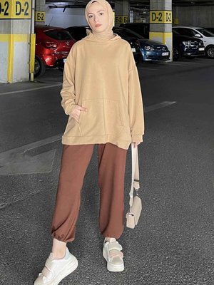 Kanguru Cep Kapüşonlu Düz Renk Sweatshırt