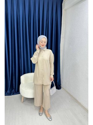 Krem Yakası Taş Detaylı Keten İkili Takım