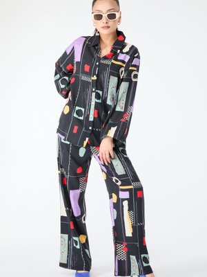 Sıyah Geometrik Desenli Gömlek Ve Pantolon İkili Takım