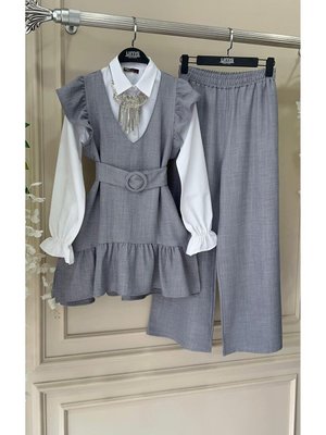 Kadın Pamuklu Fırfırlı 4'lü Kombin Gömlek Yelek Pantolon Kemer Tesettür Takım