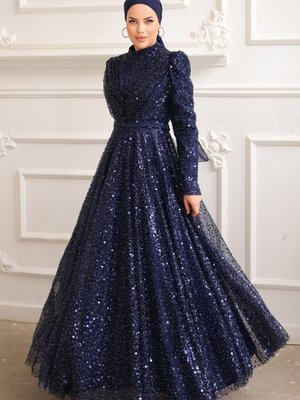 Lacivert Sual Drapeli Tül Abiye Elbise