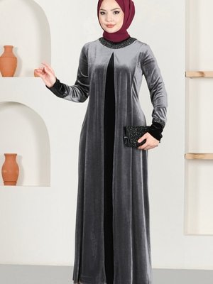 Gri Pul Detaylı Kadife Elbise Gri Pul Detaylı Kadife Elbise