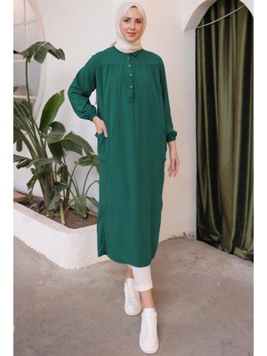 Zümrüt Yeşili Yanları Yırtmaç Robalı Tam Boy Tunik