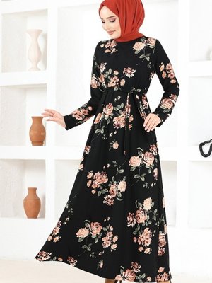 Somon & Siyah Kemerli Desenli Elbise