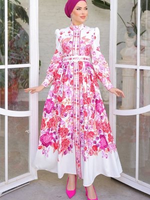 Ekru Sual Gül Desenli Atlas Elbise Ekru Sual Gül Desenli Atlas Elbise