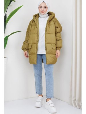Yağ Yeşili Kapüşonlu Oversize Şişme Mont
