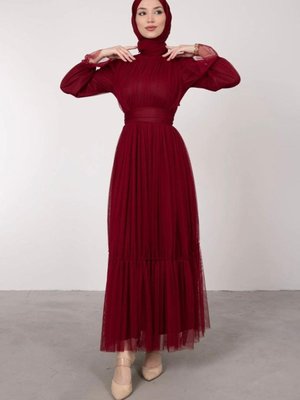 Boydan Tül Kat Fırfırlı Abiye Elbise