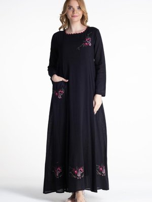 Kol Şile Bezi Burçak Uzun Elbise Siyah Syh