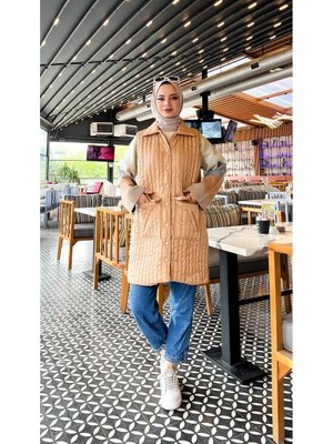 Bej Ahenk Kapitone Cepli Kolsuz Yelek