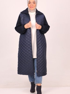 Lacivert Büyük Beden Kapitone Üç İplik Fermuarlı Kap