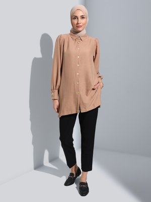 Koyu Bej Aerobin Manşet Detaylı Gömlek Tunik