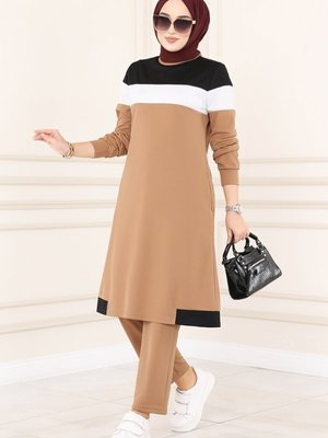 Siyah & Latte Renk Şeritli İkili Takım Siyah & Latte Renk Şeritli İkili Takım